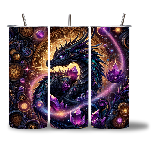 Black Crystal Dragon - The Mystic 20oz water bottle - three views showing full dark fantasy cosmic wrap design - Chatterbox Boutique