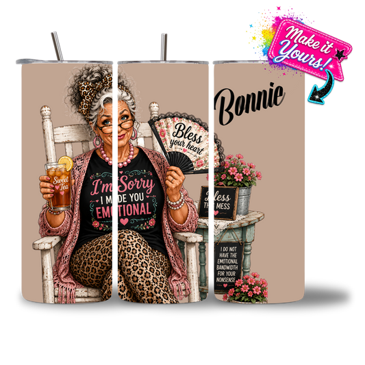 Seasoned & Snarky personalized 20oz water bottle featuring the "Made You Emotional" design.