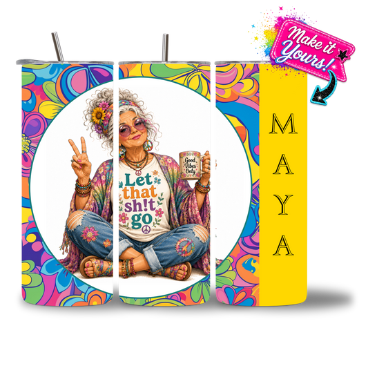Seasoned & Snarky 20oz personalized water bottle featuring a peace-sign, free-spirit hippie, "Let That Sh!t Go" sentiment