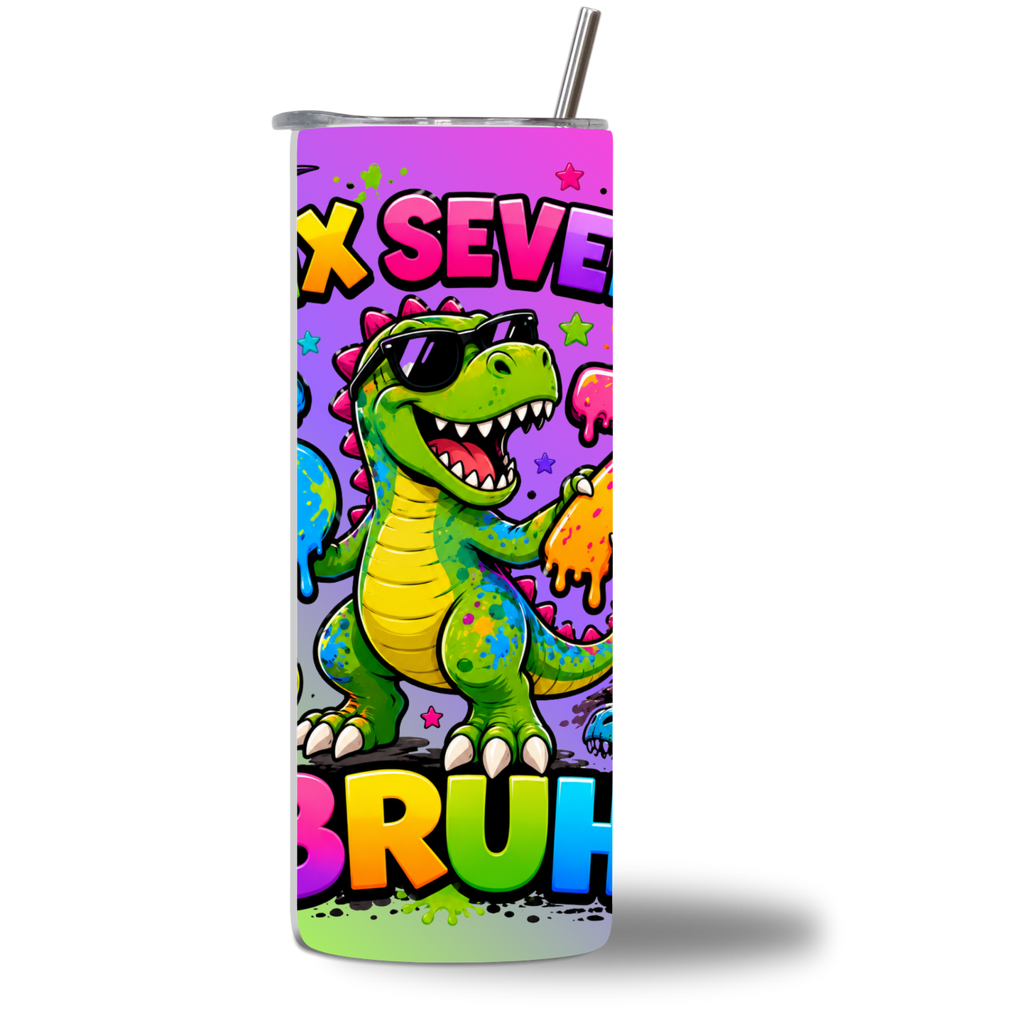 6-7 Dino Bruh 20oz kids tumbler - teal with dancing chicken and banana characters - Chatterbox Boutique