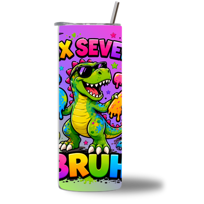 6-7 Dino Bruh 20oz kids tumbler - teal with dancing chicken and banana characters - Chatterbox Boutique
