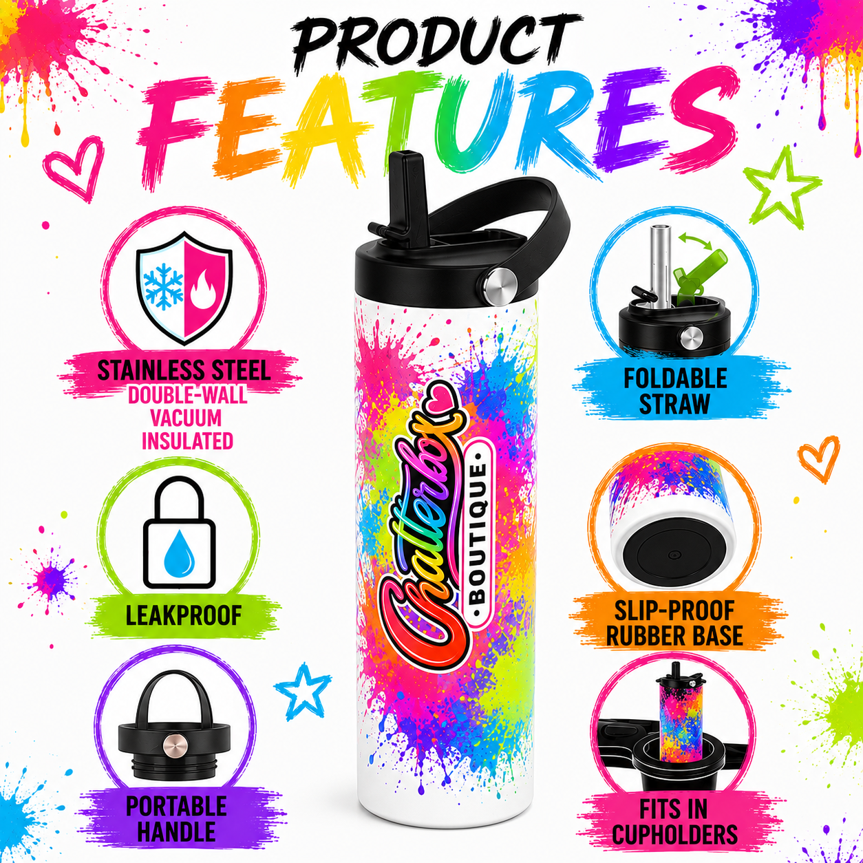Chatterbox Boutique kids water bottle product features - stainless steel double-wall vacuum insulated, leakproof, foldable straw, portable handle, slip-proof rubber base, fits in cupholders