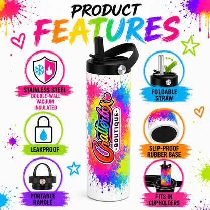 Chatterbox Boutique kids water bottle product features - stainless steel double-wall vacuum insulated, leakproof, foldable straw, portable handle, slip-proof rubber base, fits in cupholders