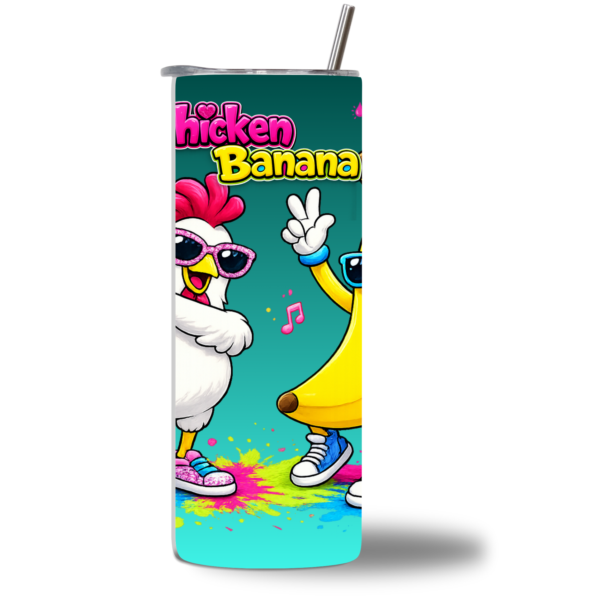Chicken Banana 20oz kids tumbler - teal with dancing chicken and banana characters - Chatterbox Boutique