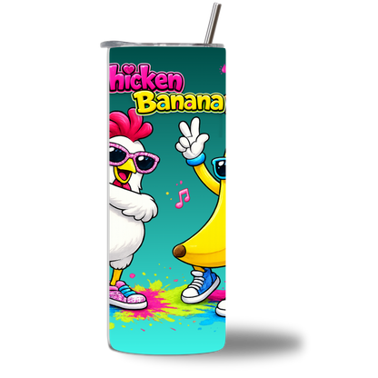 Chicken Banana 20oz kids tumbler - teal with dancing chicken and banana characters - Chatterbox Boutique