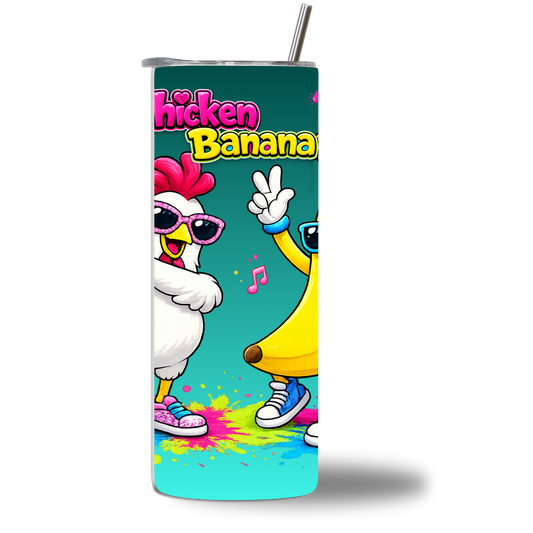 Chicken Banana 20oz kids tumbler - teal with dancing chicken and banana characters - Chatterbox Boutique
