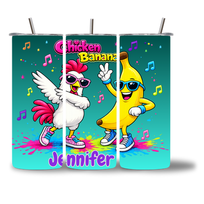 Chicken Banana tumbler 20oz personalized with custom name - fun kids water bottle - Chatterbox Boutique