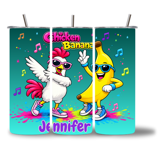 Chicken Banana tumbler 20oz personalized with custom name - fun kids water bottle - Chatterbox Boutique
