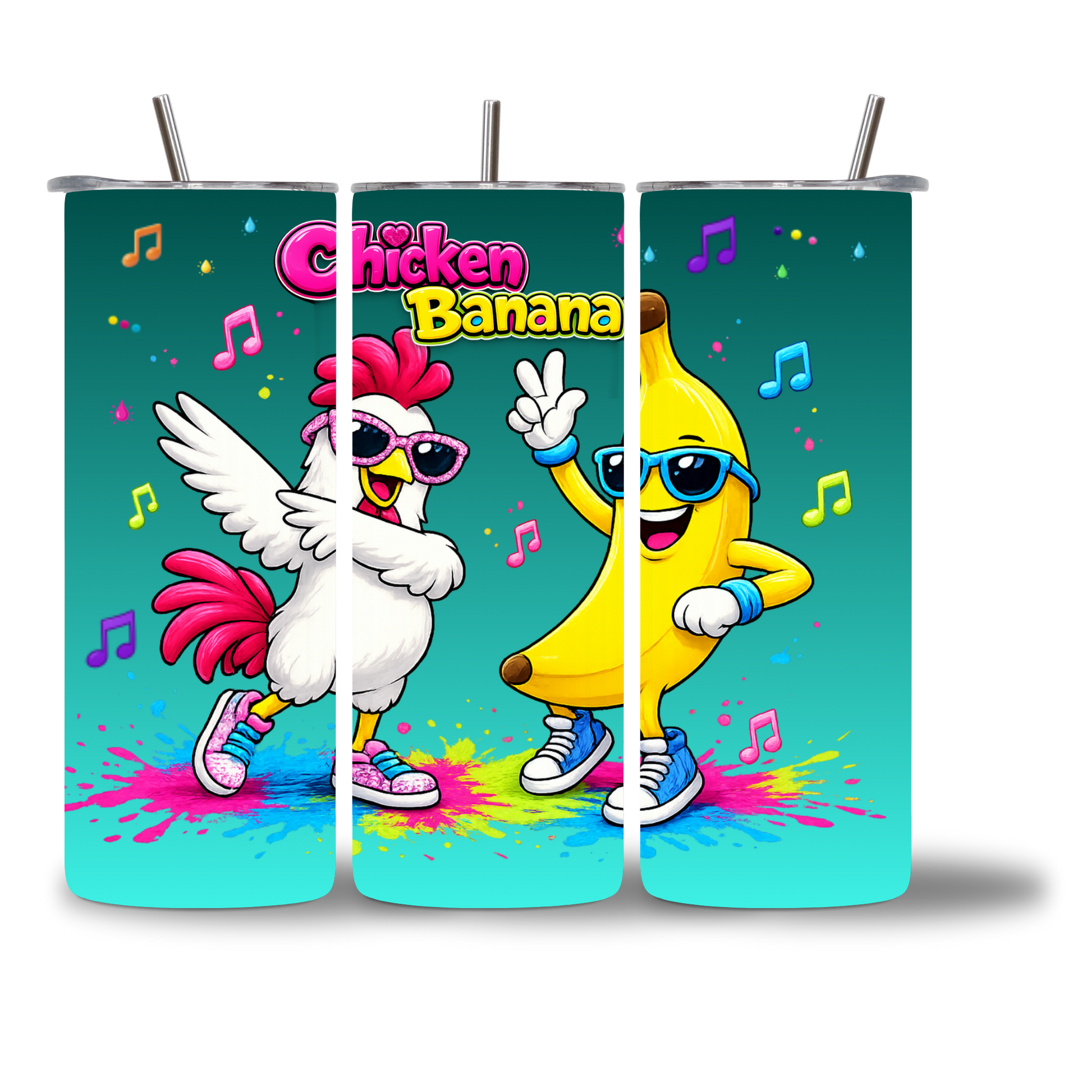 Chicken Banana kids water bottle 20oz - three views showing full wrap design - Chatterbox Boutique