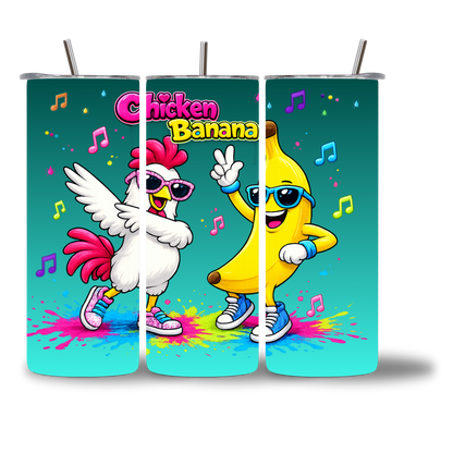 Chicken Banana kids water bottle 20oz - three views showing full wrap design - Chatterbox Boutique