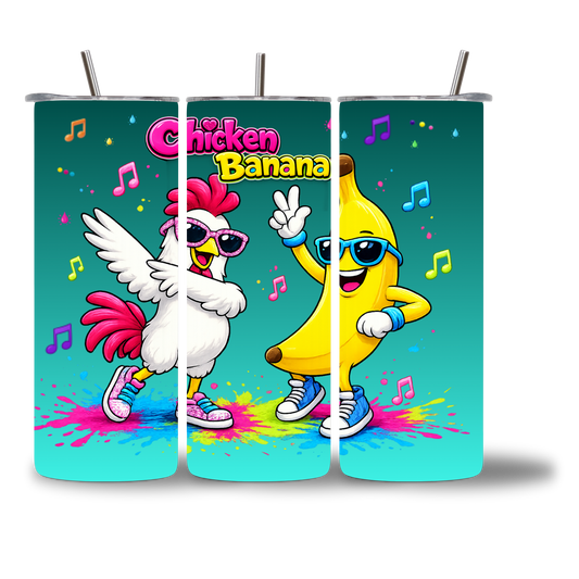 Chicken Banana kids water bottle 20oz - three views showing full wrap design - Chatterbox Boutique