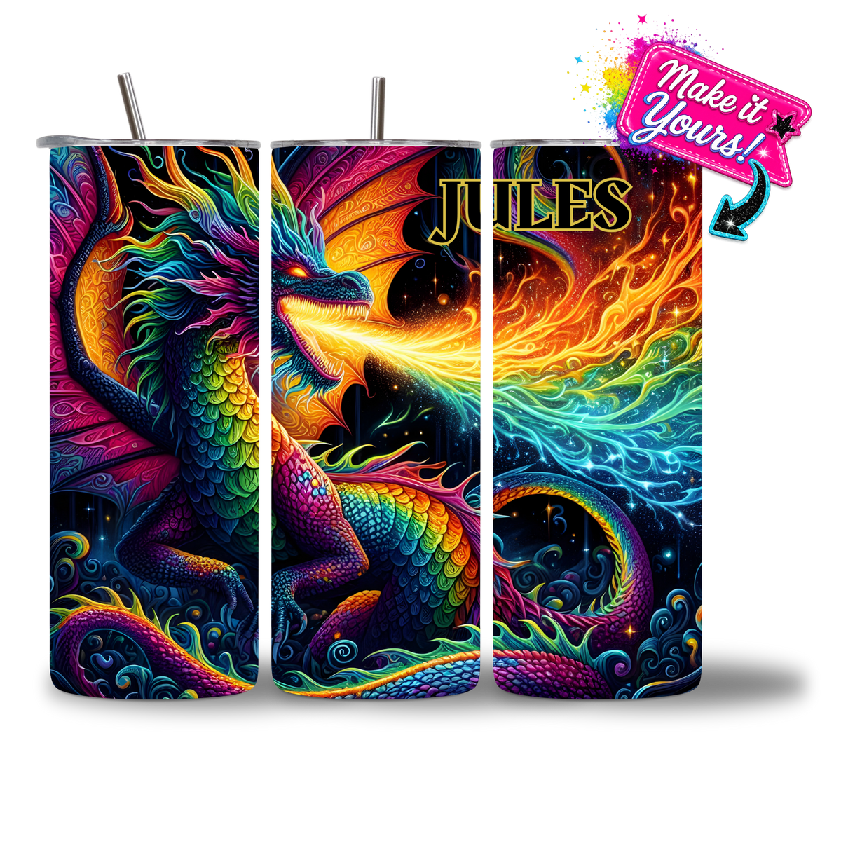Cosmic Dragon Water Bottle - Rainbow Scales and Cosmic Fire Breath - personalized - Chatterbox Boutique