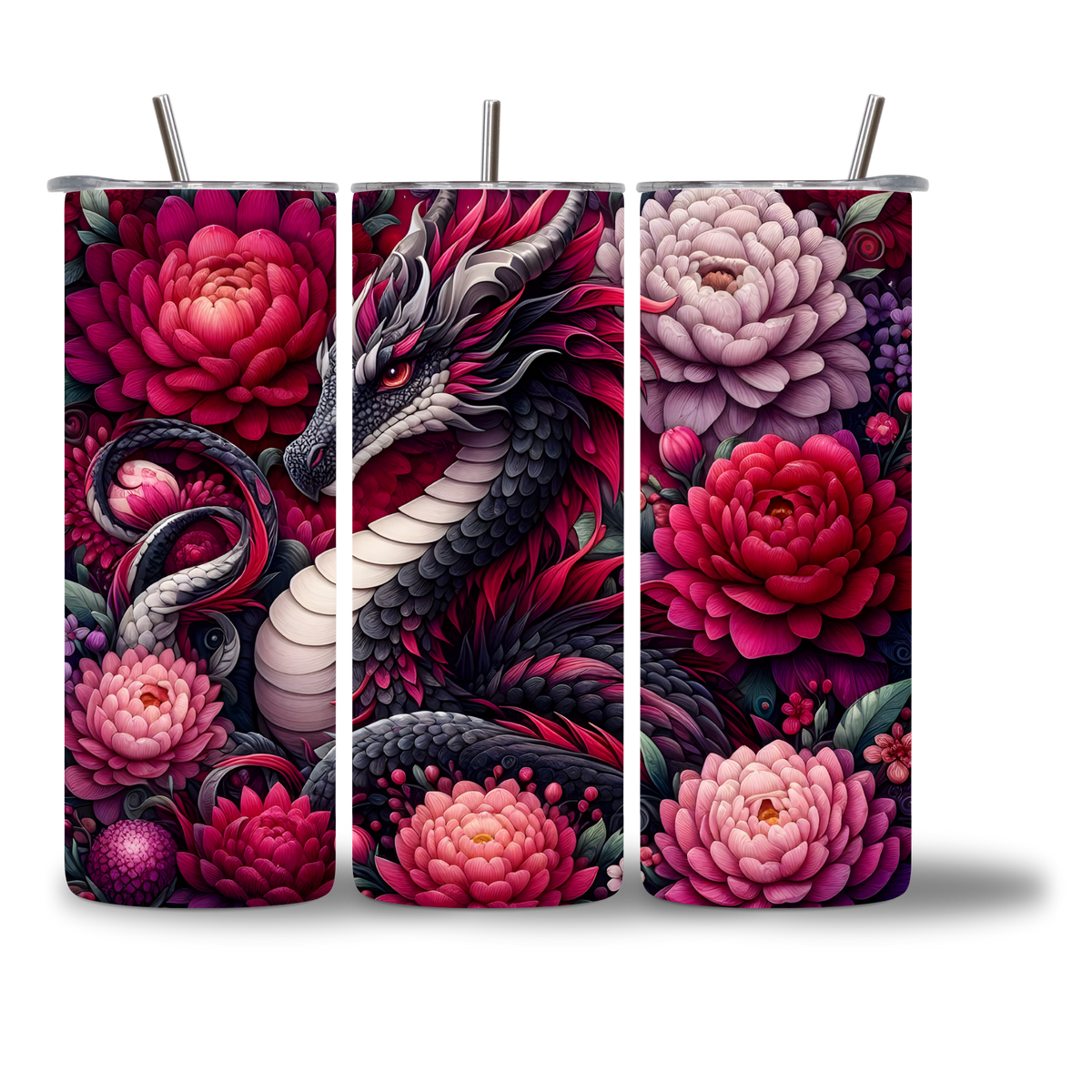 20oz water bottle featuring a crimson dragon coiled among dark red and blush peonies.