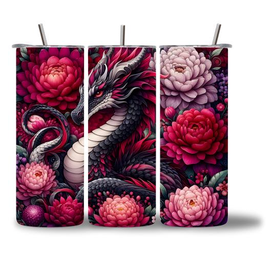 20oz water bottle featuring a crimson dragon coiled among dark red and blush peonies.