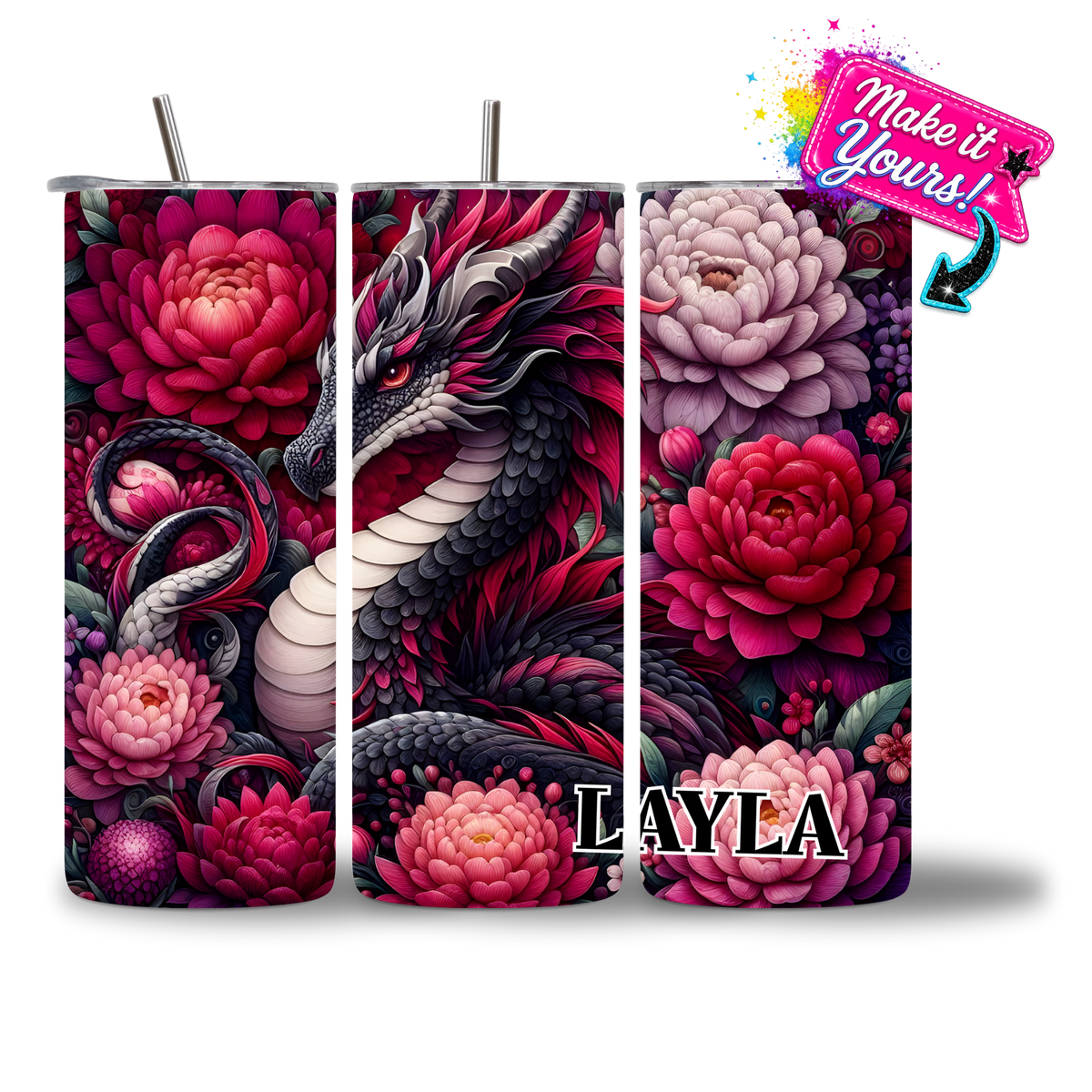 20oz water bottle featuring the Crimson Dragon design, with a personalized name added.