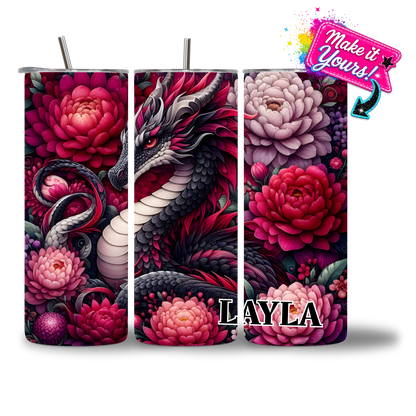 20oz water bottle featuring the Crimson Dragon design, with a personalized name added.