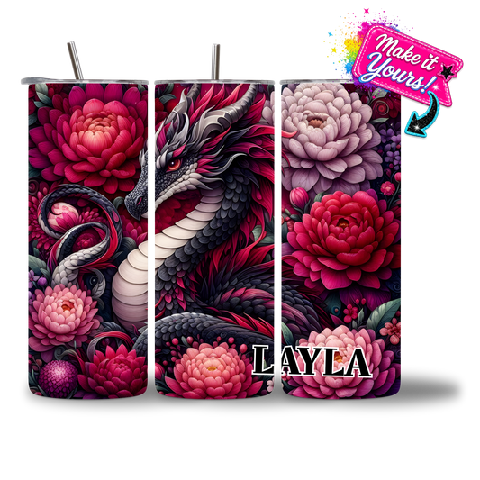 20oz water bottle featuring the Crimson Dragon design, with a personalized name added.