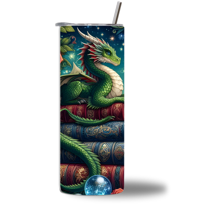 Green Dragon - The Reader 20oz water bottle - fantasy dragon curled on spell books with crystal ball - Chatterbox Boutique