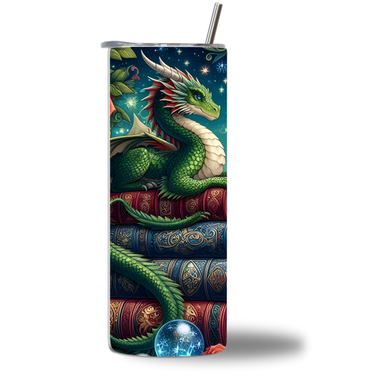 Green Dragon - The Reader 20oz water bottle - fantasy dragon curled on spell books with crystal ball - Chatterbox Boutique