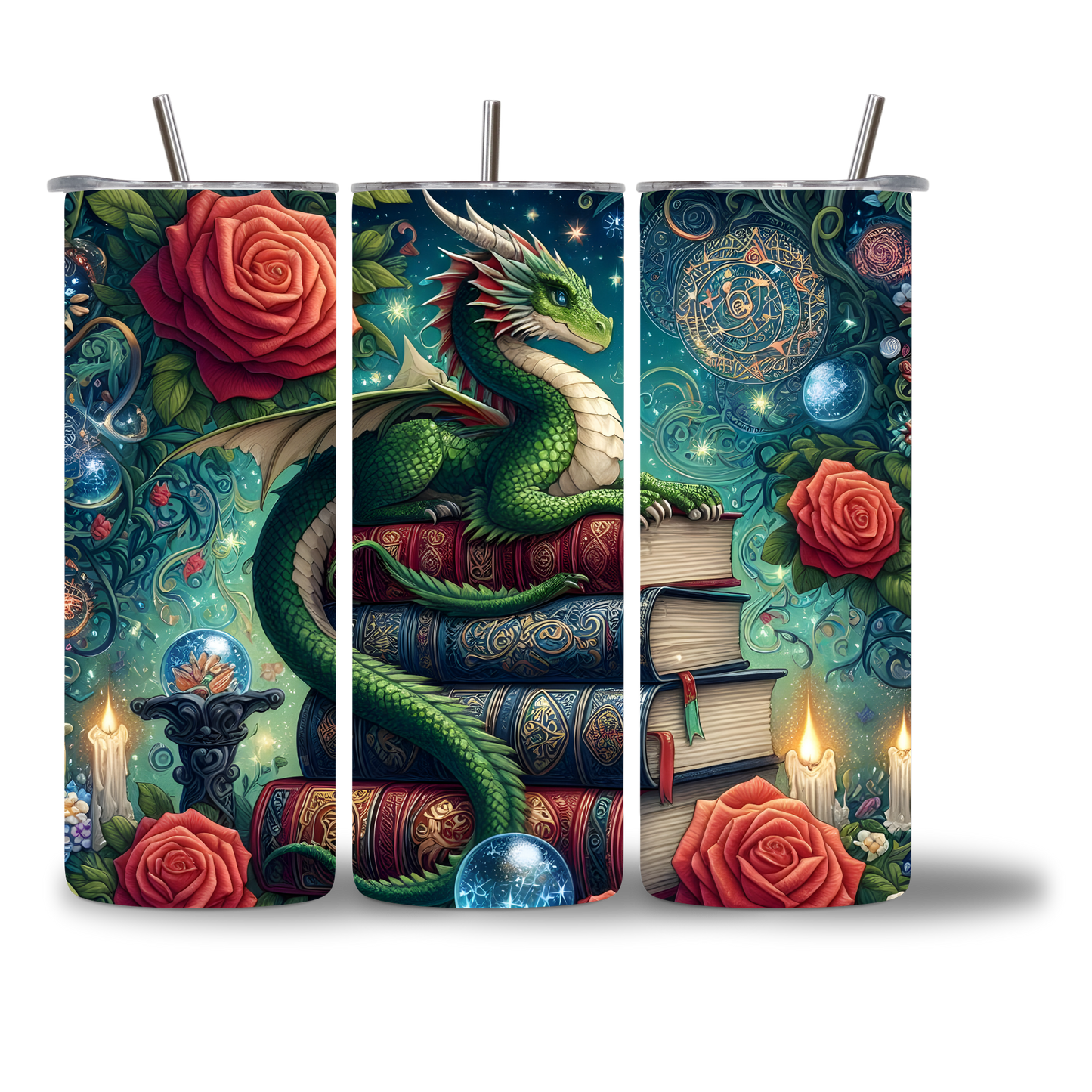 Green Dragon - The Reader water bottle 20oz - three views showing full fantasy wrap design - Chatterbox Boutique