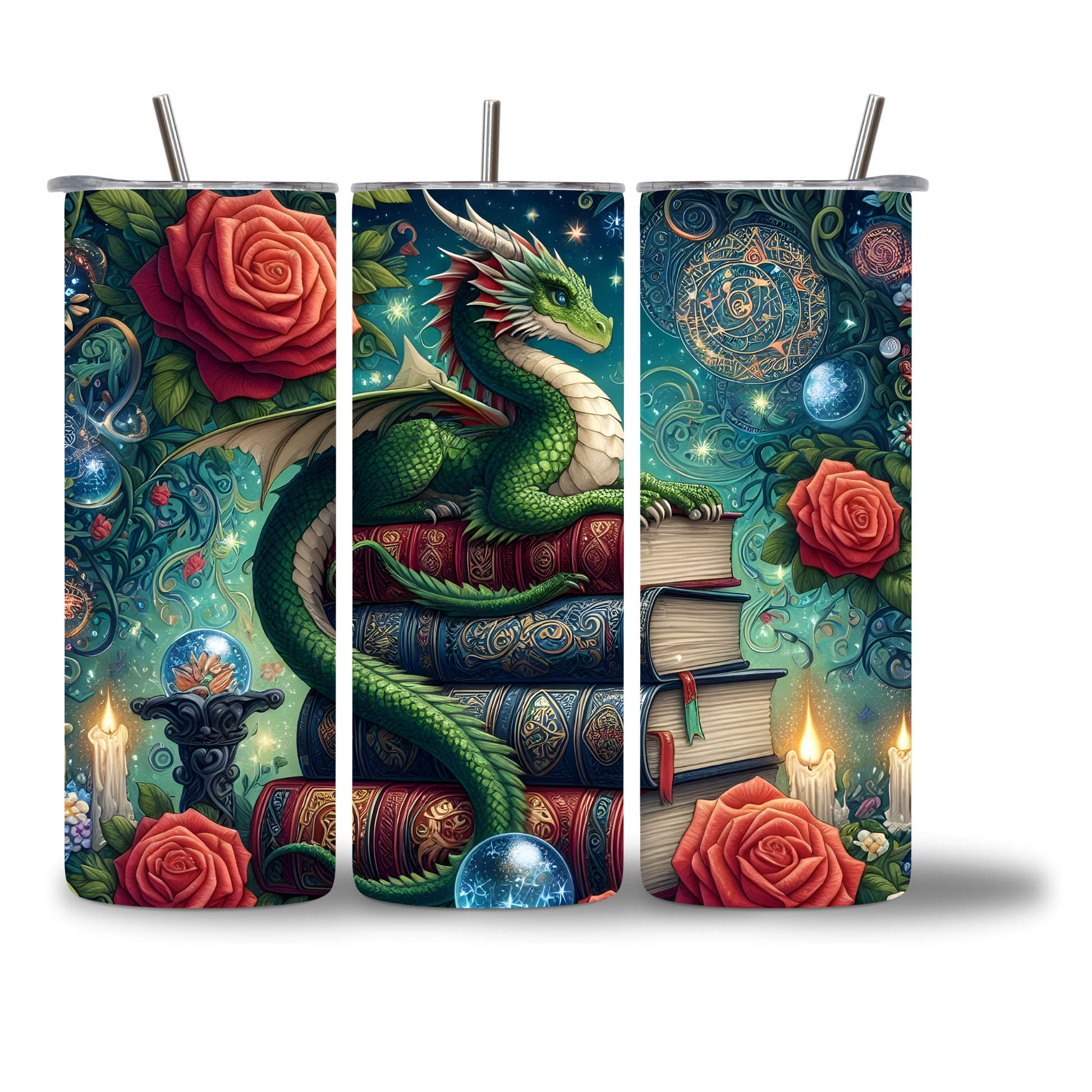 Green Dragon - The Reader water bottle 20oz - three views showing full fantasy wrap design - Chatterbox Boutique