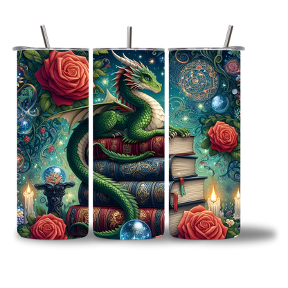 Green Dragon - The Reader water bottle 20oz - three views showing full fantasy wrap design - Chatterbox Boutique