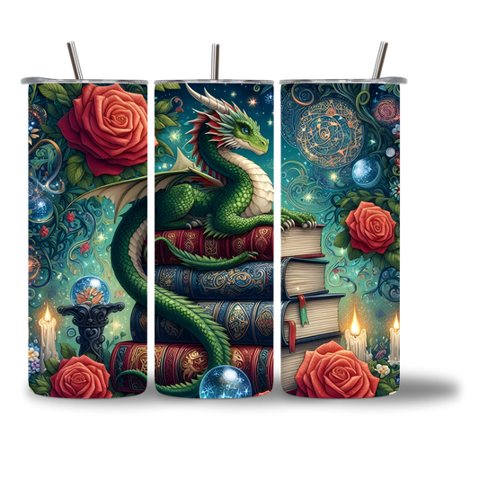 Green Dragon - The Reader water bottle 20oz - three views showing full fantasy wrap design - Chatterbox Boutique