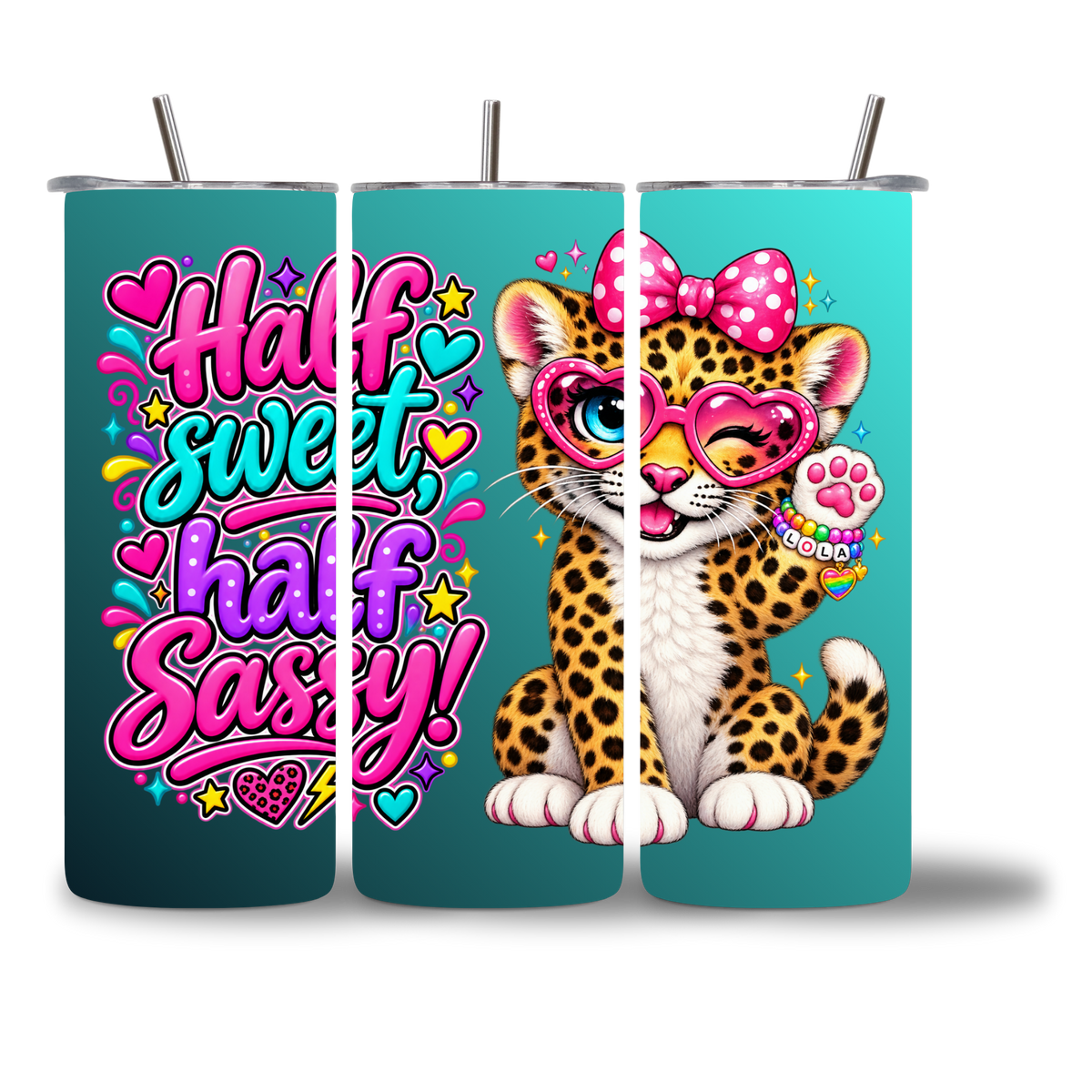 Lovie water bottle shown from three angles, spotted leopard cub design wrapping the full tumbler - Chatterbox Boutique