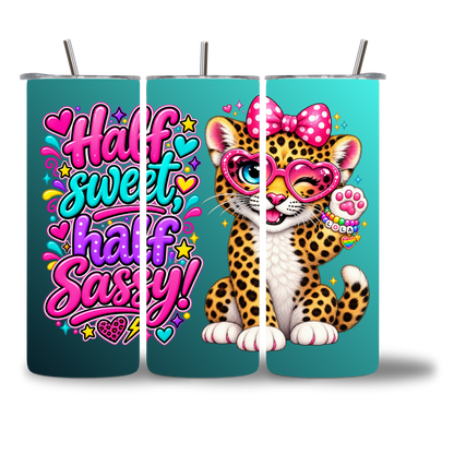 Lovie water bottle shown from three angles, spotted leopard cub design wrapping the full tumbler - Chatterbox Boutique