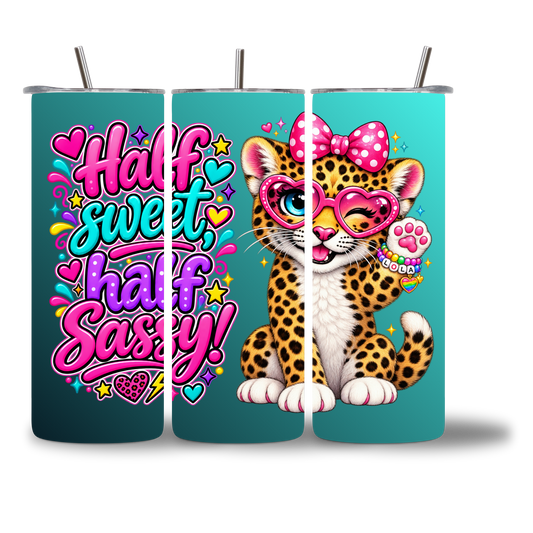 Lovie water bottle shown from three angles, spotted leopard cub design wrapping the full tumbler - Chatterbox Boutique