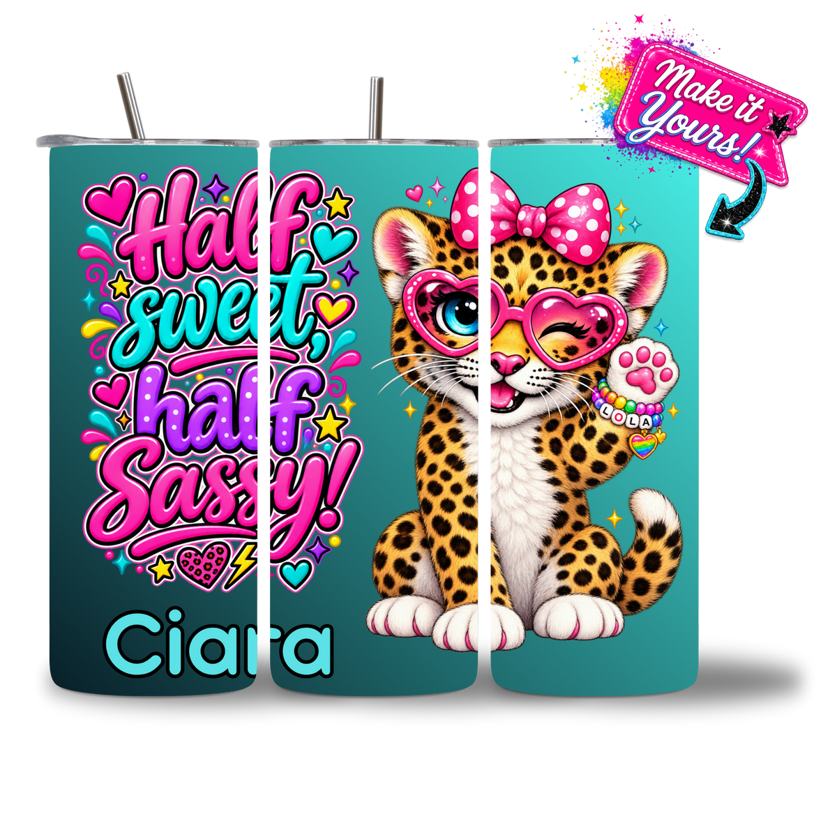 Lovie leopard cub water bottle with a personalized name added below the sparkly heart-glasses design - Chatterbox Boutique