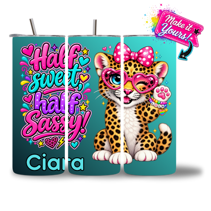 Lovie leopard cub water bottle with a personalized name added below the sparkly heart-glasses design - Chatterbox Boutique