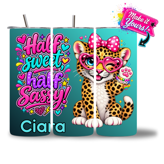 Lovie leopard cub water bottle with a personalized name added below the sparkly heart-glasses design - Chatterbox Boutique