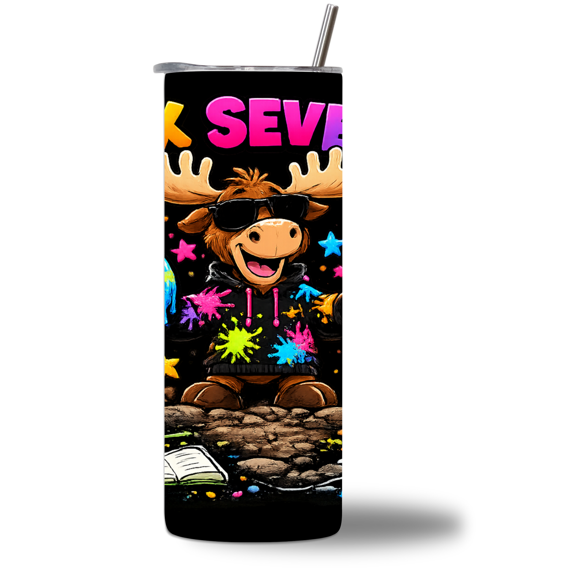 Moosie Six Seven 20oz Water Bottle - cool moose in paint-splattered hoodie on neon yellow - Chatterbox Boutique