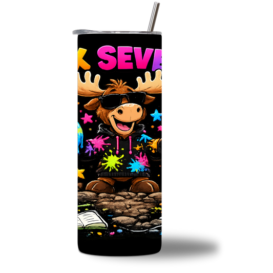 Moosie Six Seven 20oz Water Bottle - cool moose in paint-splattered hoodie on neon yellow - Chatterbox Boutique