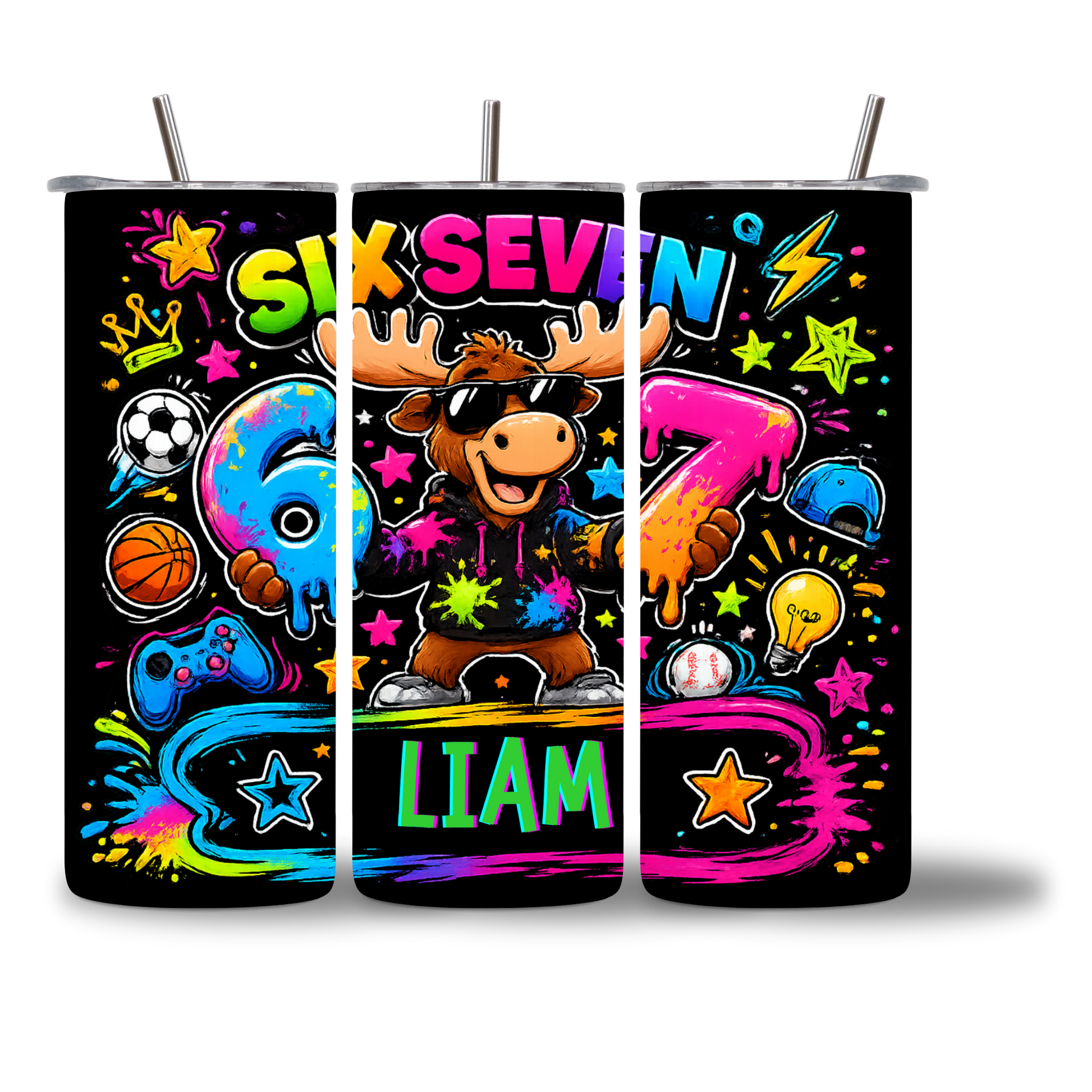 Moosie Six Seven 20oz Water Bottle three views - personalized with custom name - full wrap design with sports gaming icons - Chatterbox Boutique