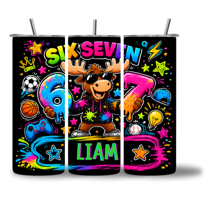 Moosie Six Seven 20oz Water Bottle three views - personalized with custom name - full wrap design with sports gaming icons - Chatterbox Boutique