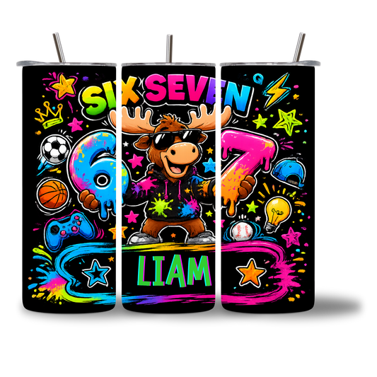 Moosie Six Seven 20oz Water Bottle three views - personalized with custom name - full wrap design with sports gaming icons - Chatterbox Boutique