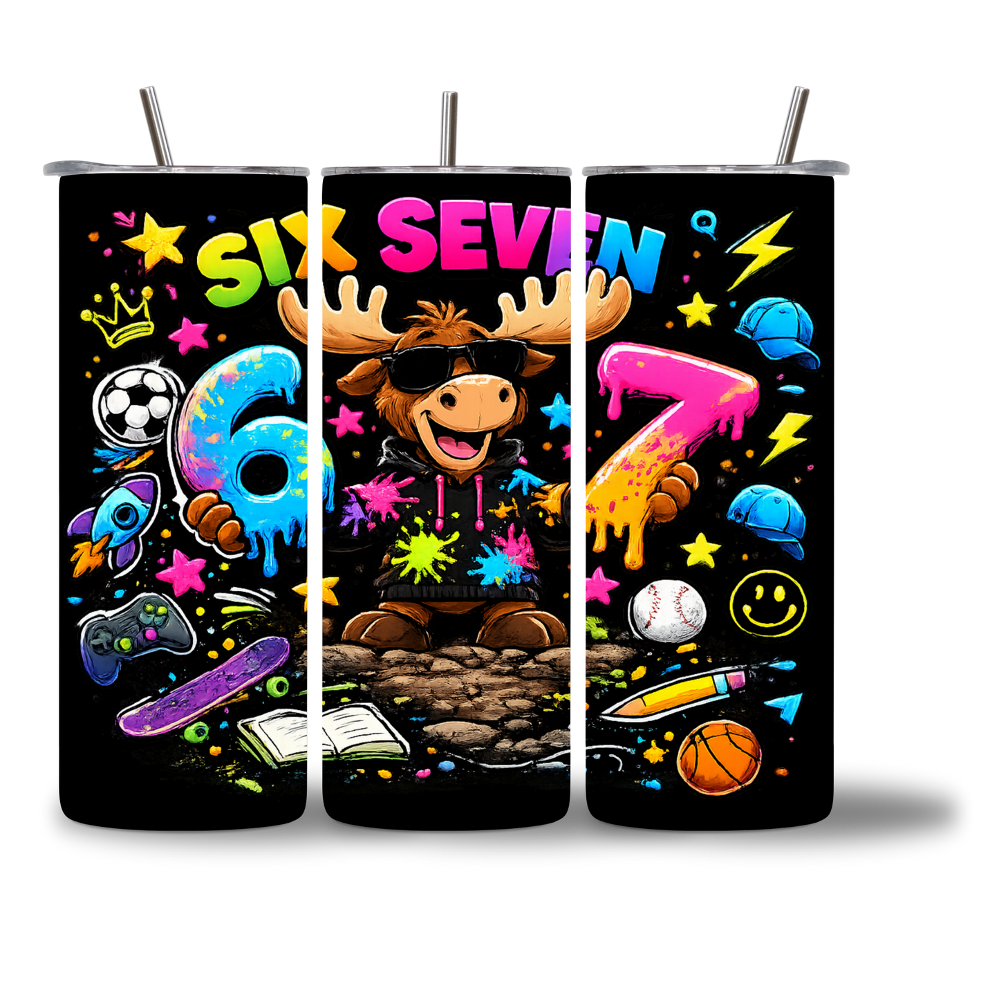 Moosie Six Seven 20oz Water Bottle three views - full wrap design with sports gaming icons - Chatterbox Boutique