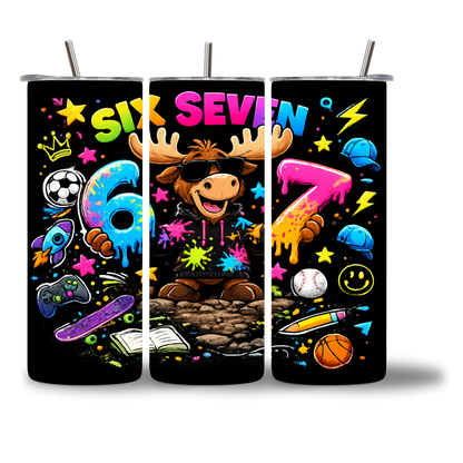 Moosie Six Seven 20oz Water Bottle three views - full wrap design with sports gaming icons - Chatterbox Boutique