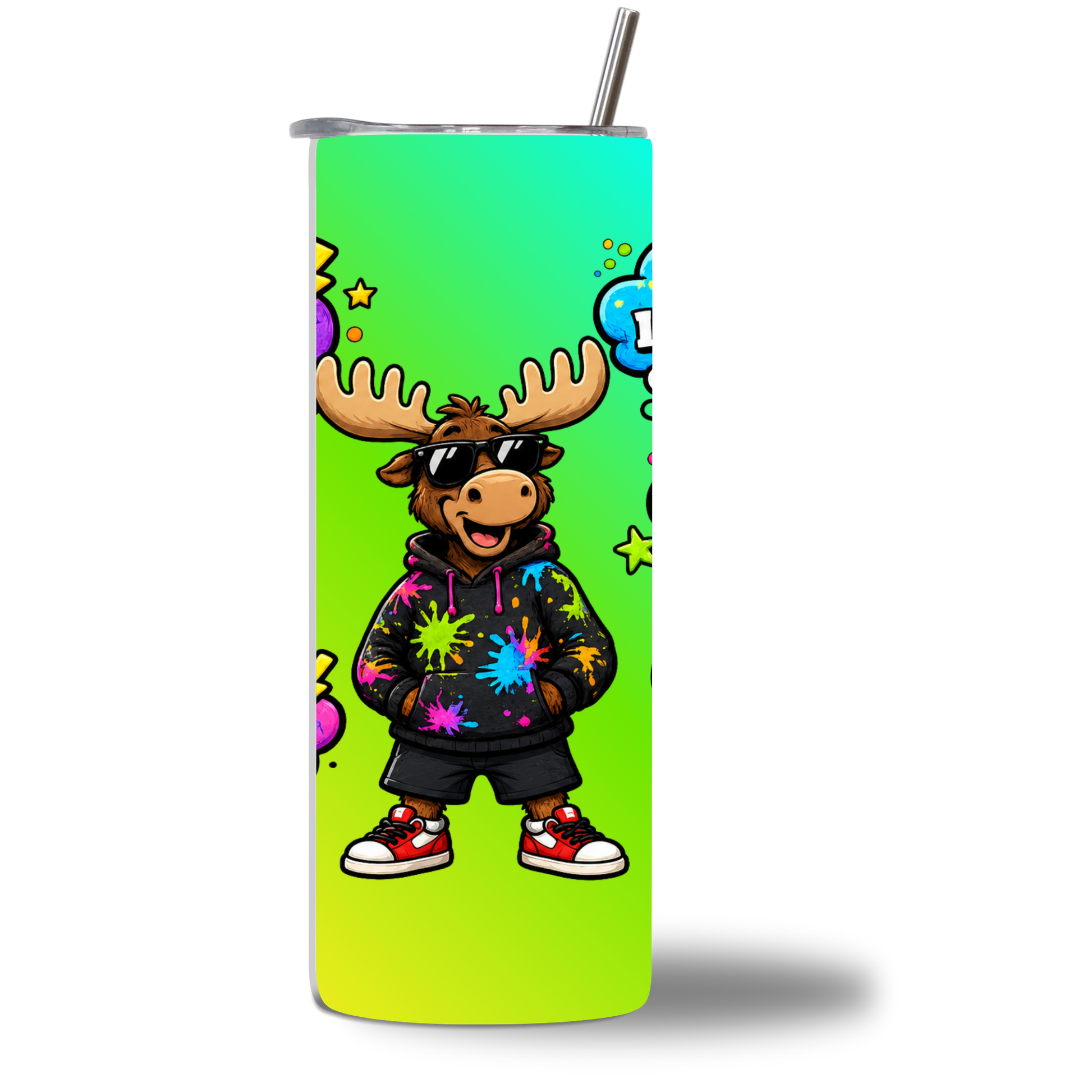 Moosie - No Cap 20oz water bottle - Gen Alpha moose character in hoodie with sunglasses and slang graphics - Chatterbox Boutique