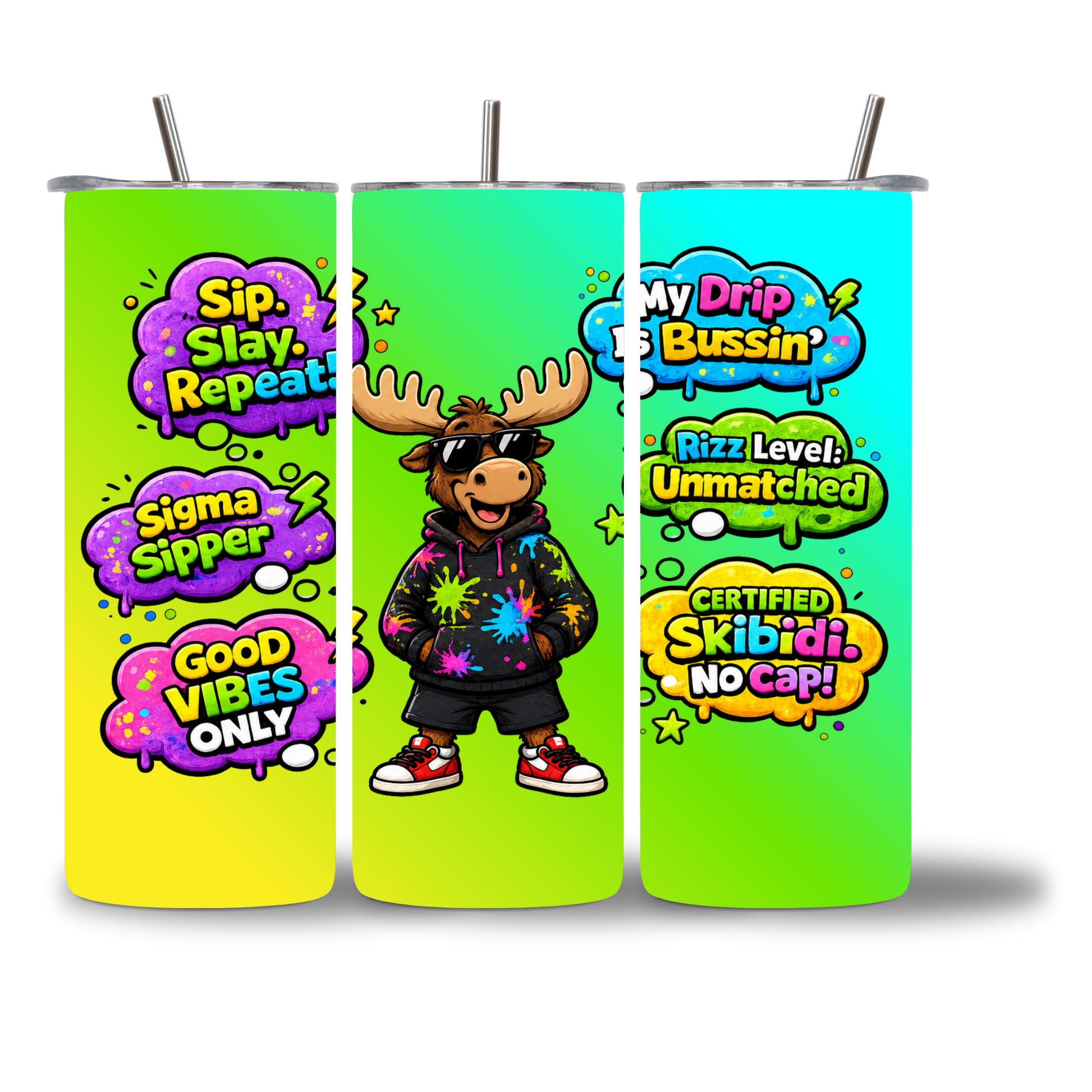 Moosie - No Cap 20oz water bottle - three views showing full Gen Alpha wrap design with rizz and skibidi graphics - Chatterbox Boutique