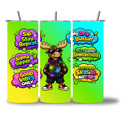 Moosie - No Cap 20oz water bottle - three views showing full Gen Alpha wrap design with rizz and skibidi graphics - Chatterbox Boutique