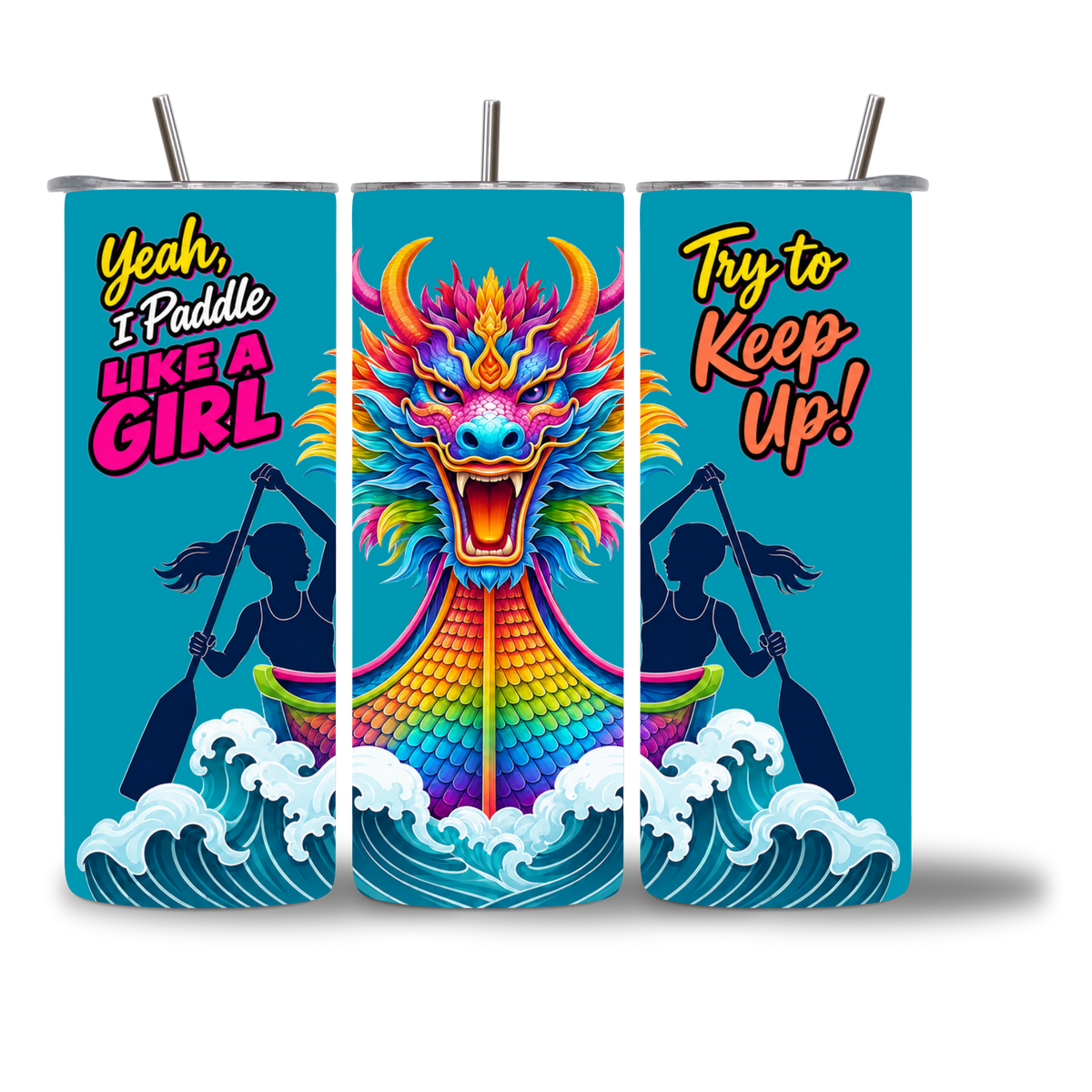 Paddle Like a Girl Dragon Boat 20oz Water Bottle - rainbow dragon head design - Chatterbox Boutique