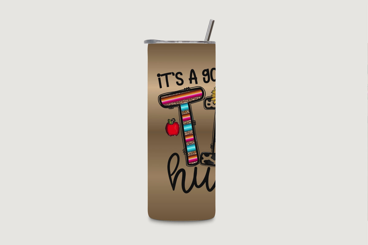 20oz water bottle featuring "It's a good day to Teach Tiny Humans" rotating view.