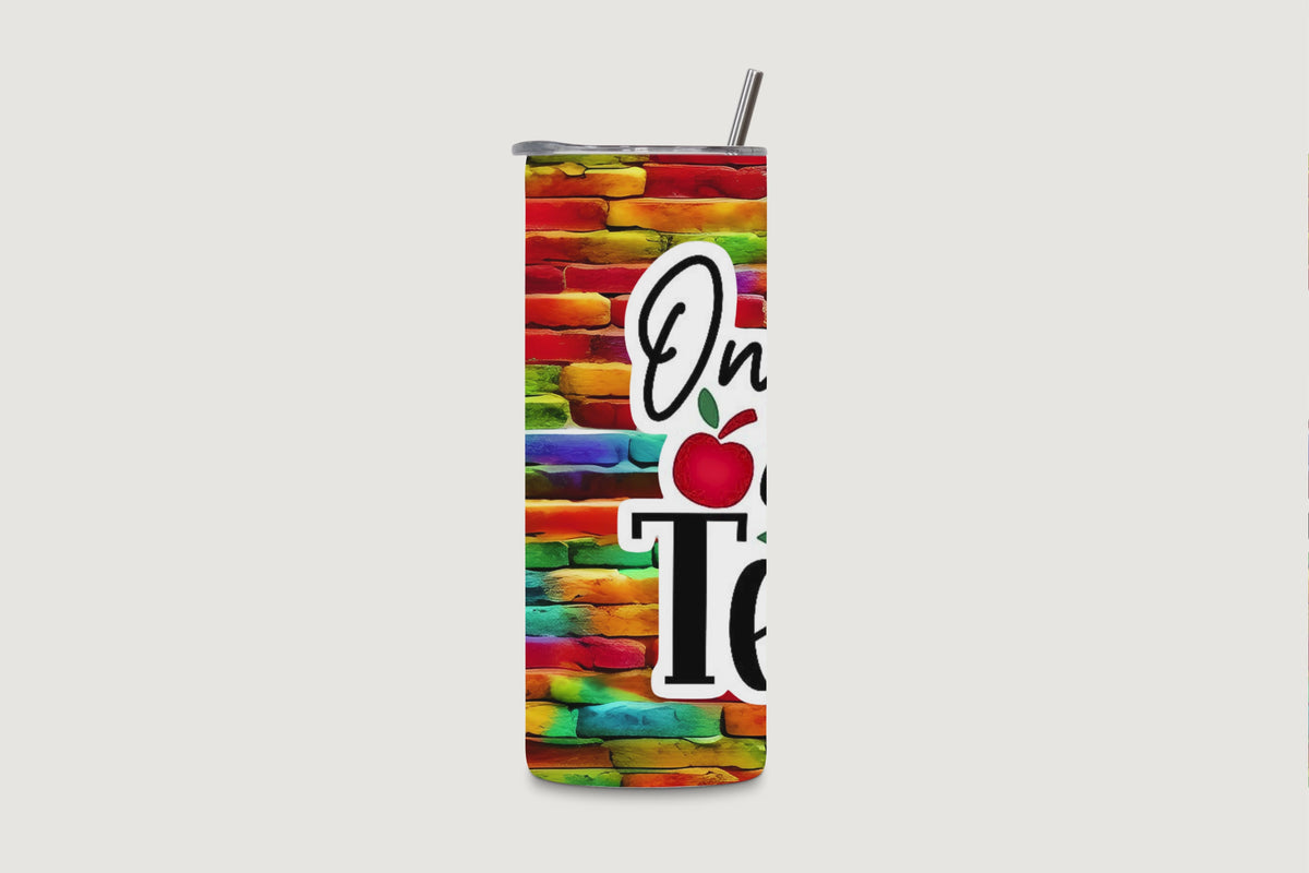 20oz water bottle rotating video showing the "Only The Brave Teach" design on a rainbow brick background.