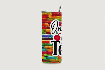 20oz water bottle rotating video showing the "Only The Brave Teach" design on a rainbow brick background.