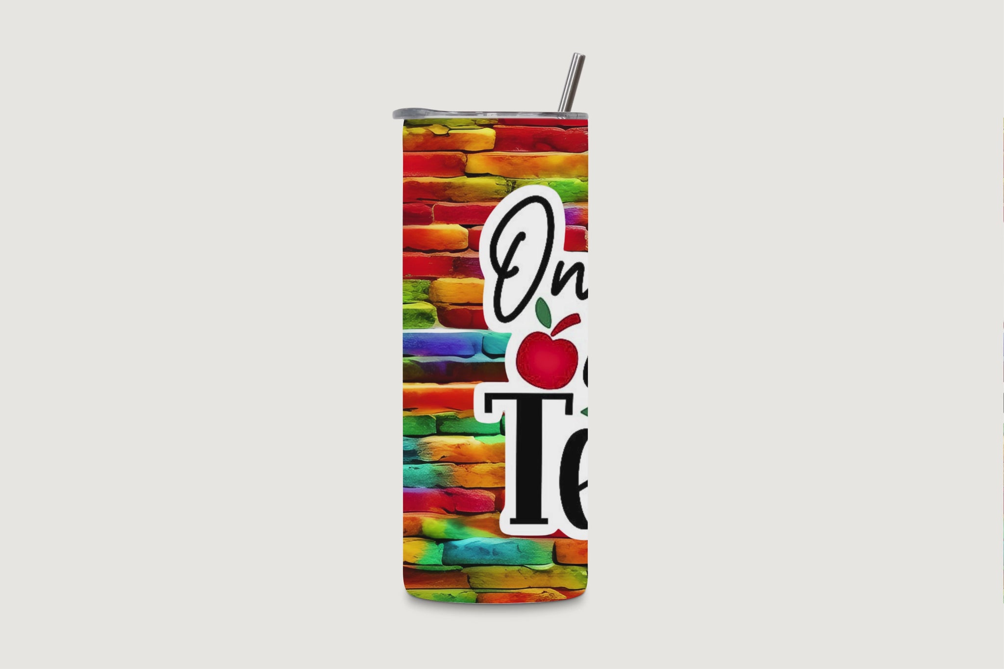 20oz water bottle rotating video showing the "Only The Brave Teach" design on a rainbow brick background.