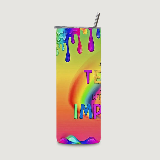Rainbow paint-drip teacher water bottle rotating video, showing the design on all sides.