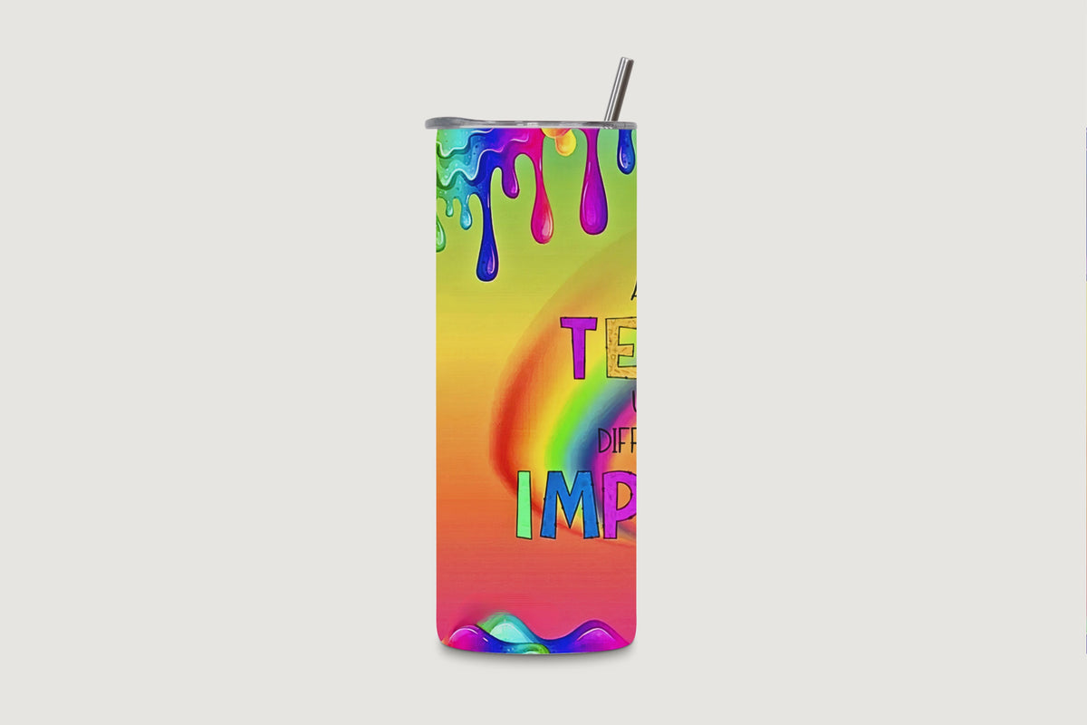 Rainbow paint-drip teacher water bottle rotating video, showing the design on all sides.